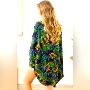 Love Tropical Leaf Print Swim Coverup in Green and Blue